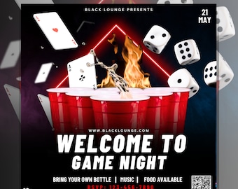 DIY Game night flyer for friends and family, 3D design, Editable on Canva Pro, Party invitation, Red Neon, DIY template, QR code