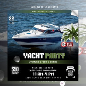 DIY Boat party flyer, Yacht party invitation template, Event flyer, Editable on Canva, Summer party, Green, Social media flyer