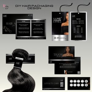 Puede incluir: Un kit de dise&ntilde;o de empaque de cabello negro y plateado con el texto "LUXE HAIR" y una etiqueta con el texto "TEXTURE" y "LENGTH". El kit incluye una tarjeta de agradecimiento, una tarjeta de fidelizaci&oacute;n y una tarjeta de instrucciones para el cuidado del cabello.
