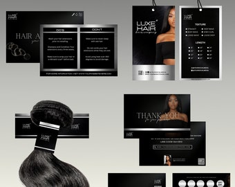 May include: A black and silver hair packaging design kit with the text "LUXE HAIR" and a tag with the text "TEXTURE" and "LENGTH". The kit includes a thank you card, a loyalty card, and a hair care instruction card.