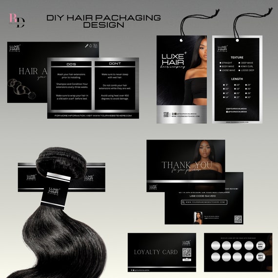 DIY Hair extension Bundle tag template, Canva Graphic design, Thank you card, Loyalty card, Branding kit, Hair aftercare, Loyalty, Silver