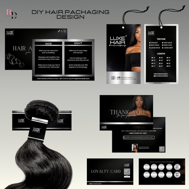 Puede incluir: Un kit de dise&ntilde;o de empaque de cabello negro y plateado con el texto "LUXE HAIR" y una etiqueta con el texto "TEXTURE" y "LENGTH". El kit incluye una tarjeta de agradecimiento, una tarjeta de fidelizaci&oacute;n y una tarjeta de instrucciones para el cuidado del cabello.