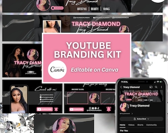 Youtube branding kit, Black and Pink design, Editable on Canva, Banners - Intros - Outros