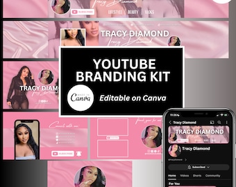 YouTube branding kit, Pink and white Girly design, Editable on Canva, Banners - Intros - Outros