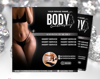 Könnte beinhalten: Ein schwarz-weißer Flyer, der Body-Contouring-Dienstleistungen bewirbt. Der Flyer zeigt eine Frau in einem schwarzen Bikini und eine stilisierte Illustration eines Körpers. Der Text auf dem Flyer lautet: "Your Brand Name Body Contouring Services Available Insert Service Insert Service Insert Service Insert Service Insert Service Insert Service Insert Service Insert Service Insert Service Insert Service Insert Service Book Now 123-456-7890 www.yourbookingwebsitehere.com Editable Flyer on Canva".