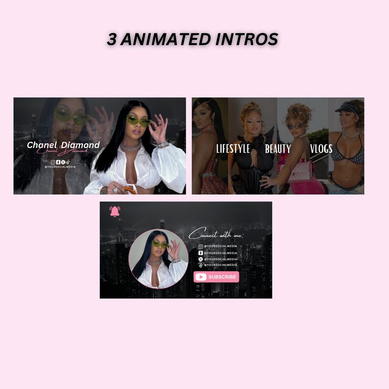 May include: A black and white image with a woman wearing sunglasses and a white shirt. The text "Chanel Diamond" is at the top of the image. The text "Connect with me" is at the top of the image. The text "@YOURSOCIALMEDIA" is repeated several times. The text "SUBSCRIBE" is at the bottom of the image.