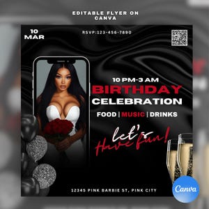 Birthday invitation flyer, Celebration, Editable on Canva, Red- Black, Girly design, Instagram, Facebook, DIY template, Event, Bday bash