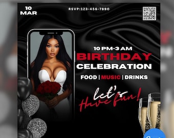 Birthday invitation flyer, Celebration, Editable on Canva, Red- Black, Girly design, Instagram, Facebook, DIY template, Event, Bday bash