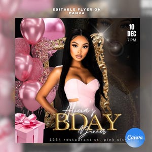 DIY Birthday dinner invitation flyer, Editable on Canva, Pink and girly design, Glam, Glitter, Baddie, Party invitation, Birthday bash