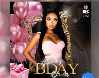 DIY Birthday dinner invitation flyer, Editable on Canva, Pink and girly design, Glam, Glitter, Baddie, Party invitation, Birthday bash