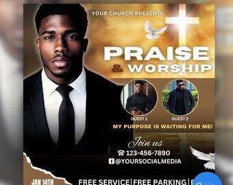 May include: A promotional flyer for a church event. The flyer features a portrait of a man in a suit, the words "Praise & Worship," and event details including the date, time, and contact information. The flyer also includes the text "Editable Flyer on Canva."