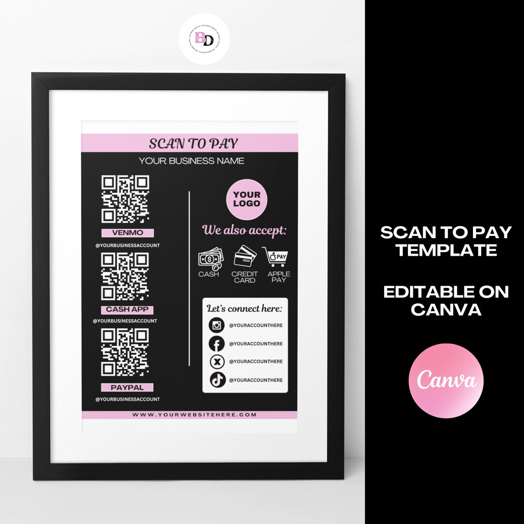Pay Code Design Editable Scan to Pay Template, QR Code, Canva Design, DIY Printable ...