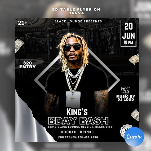 Men's Birthday Bash Flyer, Customizable Canva Template (Digital Download)
