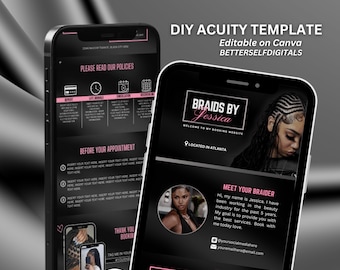 Può includere: Lo schermo di un telefono cellulare nero e rosa mostra un modello per un sito web aziendale. Il modello è per un servizio di trecce chiamato "Braids by Jessica". Il modello include una foto della trecciatrice, una descrizione dei suoi servizi, gli orari di apertura e i link ai social media. Il testo sullo schermo dice "DIY Acuity Template", "Editable on Canva", "BETTERSELFDIGITALS", "Braids by Jessica", "Welcome to my booking website", "Located in Atlanta", "Meet your Braider", "Hi, my name is Jessica. I have been working in the beauty industry for the past 5 years. My goal is to provide you with the best services. Book with me today love.", "@yoursocialmediahere", "youremailaddress@email.com", "Business Hours", "Sunday: Closed", "Monday: 10 AM-7 PM", "Tuesday: 10 AM-7 PM", "Wednesday: 10 AM-5 PM", "Thursday: 10", "Social Media", "@yoursocialmediahere", "@yoursocialmediahere", "@yoursocialmediahere".