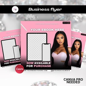 Pode incluir: Design de flyer de neg&oacute;cios rosa com o texto "YOUR EBOOK HERE" e "NOW AVAILABLE FOR PURCHASE". O flyer apresenta um gr&aacute;fico de tablet e smartphone e uma mulher com cabelo longo e preto. O logotipo da Canva &eacute; vis&iacute;vel.