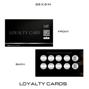 Puede incluir: Tarjeta de fidelidad en blanco y negro con un c&oacute;digo QR y el texto "LUXE HAIR" y "LOYALTY CARD". La parte posterior de la tarjeta tiene una cuadr&iacute;cula de ocho c&iacute;rculos plateados con el texto "RECEIVE A 50% OFF ON YOUR 10TH PURCHASE", "10% OFF" y "50% OFF".