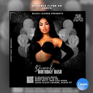 K&ouml;nnte beinhalten: Ein schwarz-wei&szlig;er Flyer mit einer Frau in einem schwarzen Outfit und silbernen Ballons. Der Text lautet "Diamond's Birthday Bash" mit dem Datum "23 APR" und dem Ort "12345 Black Lounge, Black St".