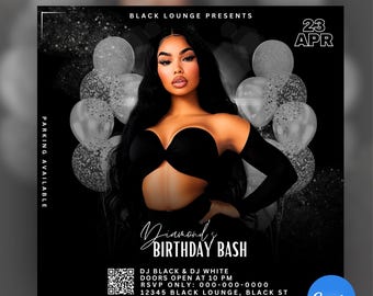 Glam Black birthday bash flyer, Editable on Canva, Party invitation, Bday girl invites, Diamonds, Event flyer, Lounge, Club
