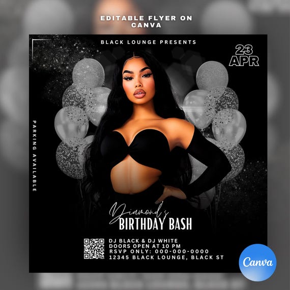 Glam Black birthday bash flyer, Editable on Canva, Party invitation, Bday girl invites, Diamonds, Event flyer, Lounge, Club