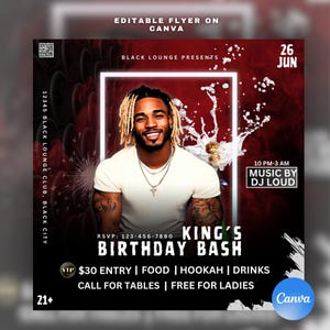May include: A promotional flyer for a birthday event. The flyer features a smiling man with blonde dreadlocks. Text includes "King's Birthday Bash", date, time, and "Music by DJ Loud". The flyer is red and black with a white border.
