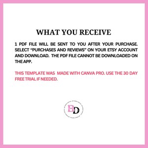 Pode incluir: Gr&aacute;fico rosa e branco com o texto "WHAT YOU RECEIVE" no topo. O texto explica como baixar um arquivo PDF ap&oacute;s a compra. Um logotipo circular com "BD" est&aacute; na parte inferior. O texto tamb&eacute;m menciona Canva Pro.