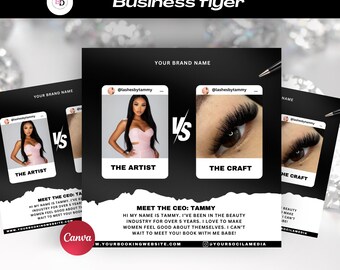 Op de afbeelding: Een zwart-witte zakelijke flyer met de tekst "Business flyer" bovenaan. De flyer bevat afbeeldingen van een vrouw en een close-up van wimpers, met de tekst "The Artist" en "The Craft". De flyer bevat ook de tekst "Meet the CEO: Tammy".