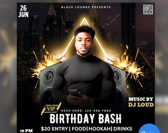 Puede incluir: Un folleto para una fiesta de cumpleaños en Black Lounge Club. El folleto presenta un esquema de color negro y dorado con un fondo de ciudad. El texto en el folleto dice "Birthday Bash", "30 € de entrada | Comida | Shisha | Bebidas", "12345 Black Lounge Club, Black City", "Música de DJ Loud", y "RSVP aquí: 123-456-7890".