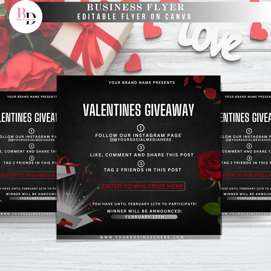 Valentines Giveaway Flyer, Editable on Canva, Red, Raffle, Business