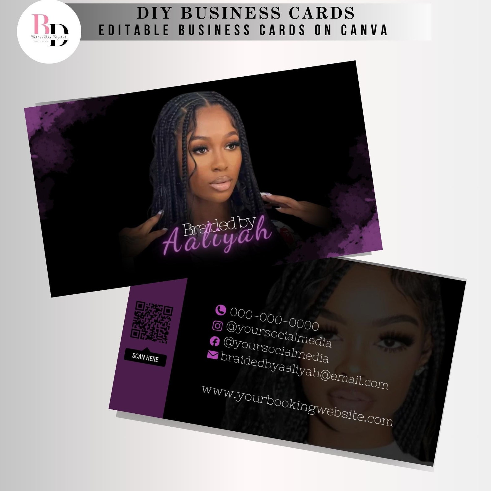 DIY Premade Hair Braider Business Cards Purple Editable Etsy