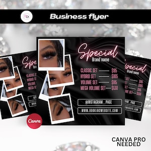 DIY edytowalny szablon ulotki Lash tech, oferta specjalna, dostępne rezerwacje, post na Instagramie, rzęsy, przedłużanie rzęs, ceny, cennik