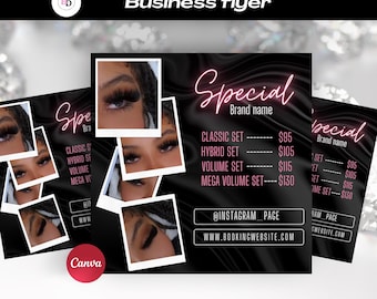 May include: A business flyer with a black background and a wavy texture. The flyer features the word "Special" in pink script, along with a brand name and service pricing. Several photos of eyes with lash extensions are included.