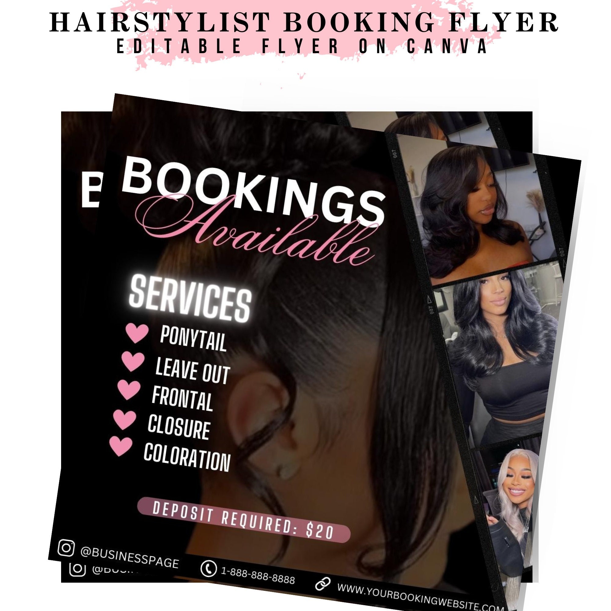 DIY Hairstylist flyer, Social media, Bookings available, Book now, Instagram Promo, Black and Pink design