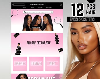 May include: A website banner ad for a hair extension company. The banner features a woman with long blonde hair and the text "12 PCS HAIR WEB BANNERS".