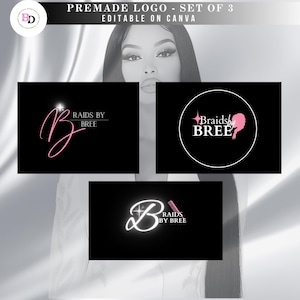 May include: Three logo designs for a business called "Raids by Bree". The first logo features a pink cursive "B" with a star and the text "Raids by Bree". The second logo features a pink circle with a star and the text "Braids by Bree" and a pink silhouette of a woman's head with braids. The third logo features a white cursive "B" with a star and the text "Raids by Bree".
