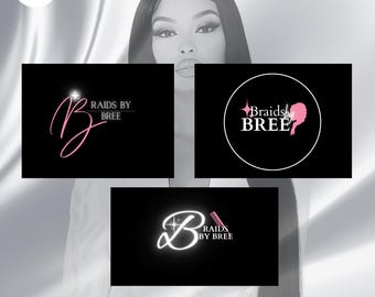 Set of 3 premade white and pink logos for braiders, Braids logo design, Editable on Canva, Glam, Hairstylist DIY graphic design