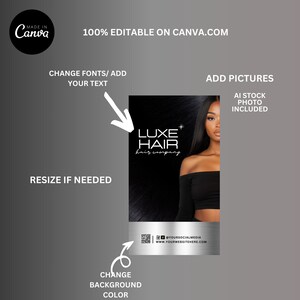 Puede incluir: Un dise&ntilde;o gr&aacute;fico en blanco y negro para una empresa de peluquer&iacute;a llamada "Luxe Hair" con el lema "hair company". El dise&ntilde;o presenta a una mujer con el pelo largo y negro y una blusa negra. El dise&ntilde;o tambi&eacute;n incluye un c&oacute;digo QR e informaci&oacute;n de redes sociales.