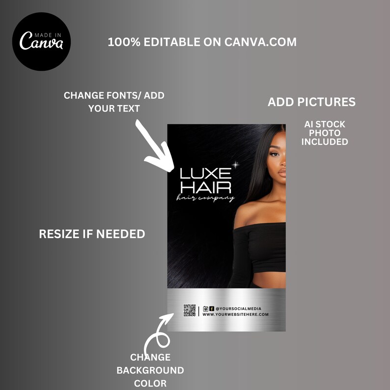 Puede incluir: Un dise&ntilde;o gr&aacute;fico en blanco y negro para una empresa de peluquer&iacute;a llamada "Luxe Hair" con el lema "hair company". El dise&ntilde;o presenta a una mujer con el pelo largo y negro y una blusa negra. El dise&ntilde;o tambi&eacute;n incluye un c&oacute;digo QR e informaci&oacute;n de redes sociales.