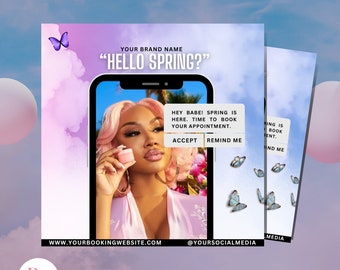 Hello spring flyer, Spring bookings, Book today, Editable on canva, DIY template, Hairstylist, Lashes, Nails, MUA, Spring break flyer