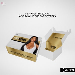 DIY Wig mailer box design, Packaging design, Hair extensions, Weave, Hang tags, Bundles box, Editable on Canva, Hair seller, Premade, Gold