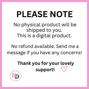 Pode incluir: Um aviso de produto digital rosa e branco com o texto "POR FAVOR, OBSERVE" no topo. O texto informa aos clientes que nenhum produto f&iacute;sico ser&aacute; enviado, &eacute; um produto digital e n&atilde;o h&aacute; reembolso dispon&iacute;vel. A imagem inclui uma mensagem de agradecimento e um cora&ccedil;&atilde;o.