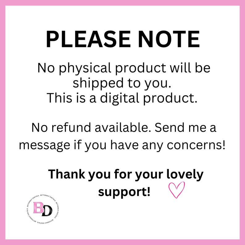 Pode incluir: Um aviso de produto digital rosa e branco com o texto "POR FAVOR, OBSERVE" no topo. O texto informa aos clientes que nenhum produto f&iacute;sico ser&aacute; enviado, &eacute; um produto digital e n&atilde;o h&aacute; reembolso dispon&iacute;vel. A imagem inclui uma mensagem de agradecimento e um cora&ccedil;&atilde;o.