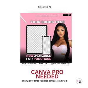 Pode incluir: Gr&aacute;fico promocional rosa com um tablet e um smartphone com ecr&atilde;s transparentes. O texto inclui "YOUR EBOOK HERE" e "NOW AVAILABLE FOR PURCHASE". Uma mulher com cabelo preto comprido est&aacute; &agrave; direita. O gr&aacute;fico promove um produto digital.