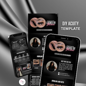 Könnte beinhalten: Ein Schwarzweiß-Mockup eines Handybildschirms, auf dem eine Website für eine Wimpernstylistin angezeigt wird. Die Website hat einen schwarzen Hintergrund mit weißem Text und Bildern. Der Text enthält den Firmennamen "Lashed By Jasmine", die Geschäftszeiten und einen Bereich für beliebte Wimpernsätze. Die Website enthält auch einen Bereich "Lernen Sie Ihre Wimpernstylistin kennen" mit einem Foto der Wimpernstylistin und einer kurzen Biografie.