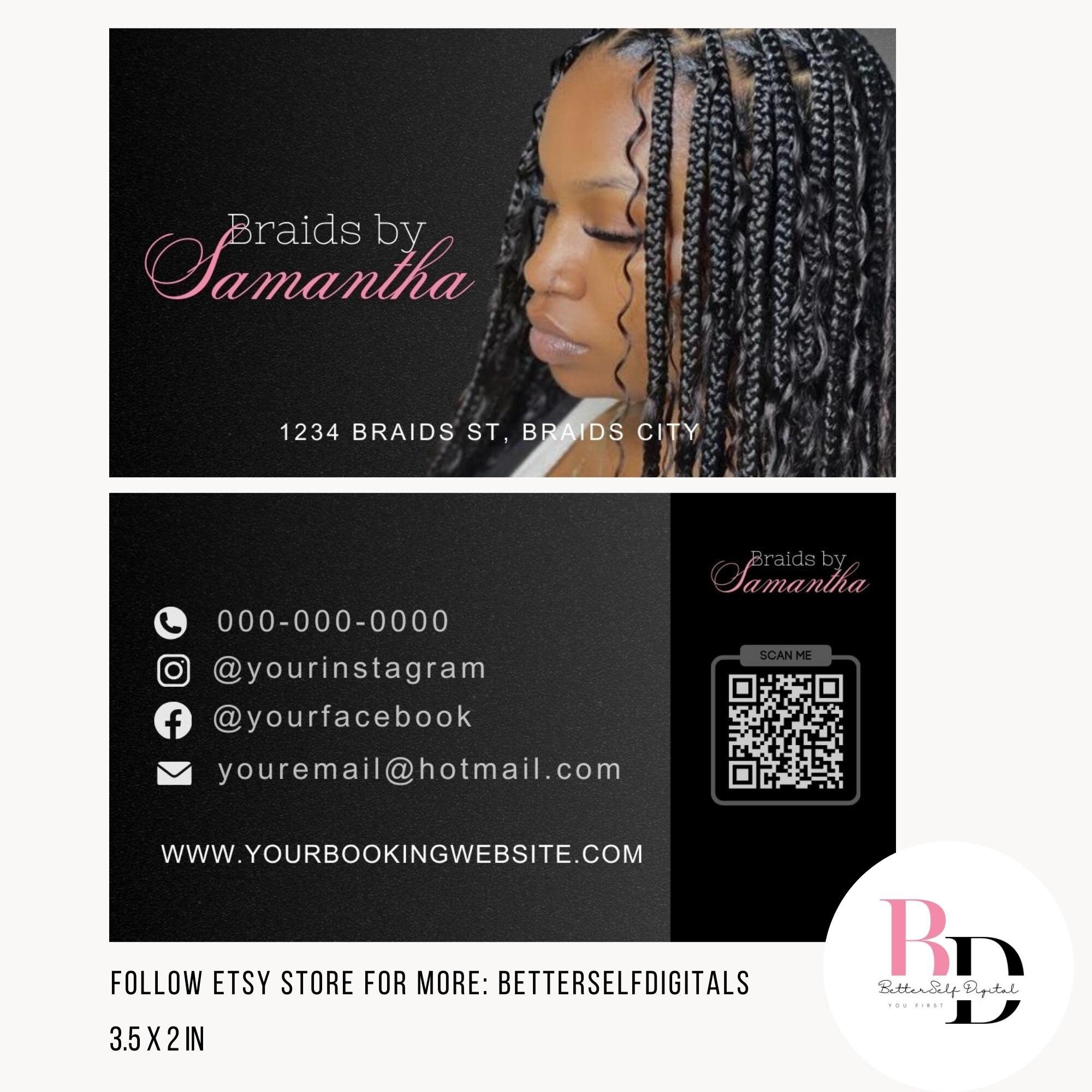DIY Premade Hair Braider Business Cards, Black and Pink Editable