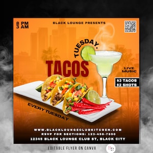Tacos and tequila event flyer, Editable on Canva, Club flyer, Tacos tuesday, Menu Flyer, Food flyer, Social media invitation flyer