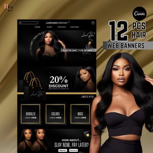 12 Luxus Website-Design, DIY Banner Kit, Schwarz und Gold, Haar Verkäufer, Perücke Boutique, Bearbeitbar auf Leinwand, Haarverlängerungen, Shopify, Wix