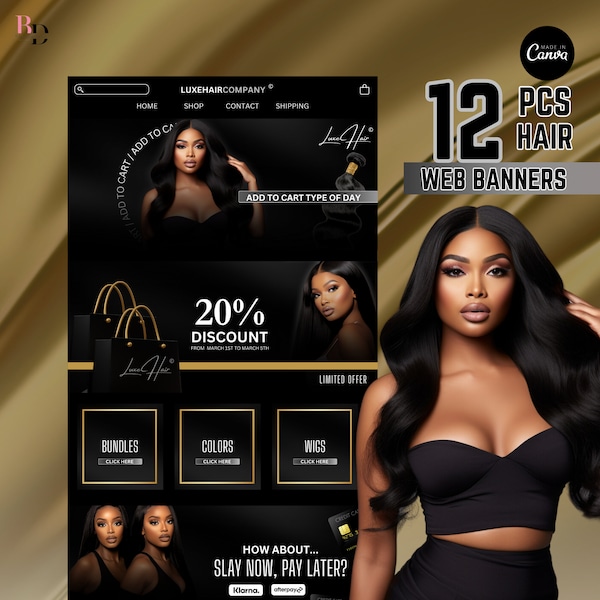 12 Luxury website design, DIY banners kit, Black and gold, Hair seller, Wig boutique, Editable on canva, Hair extensions, Shopify, Wix
