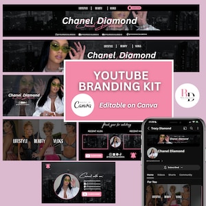 May include: A YouTube branding kit with a pink background and black and white graphics. The kit includes a channel banner, profile picture, end screen, and a call to action. The text on the kit says "Chanel Diamond" and "YouTube Branding Kit".