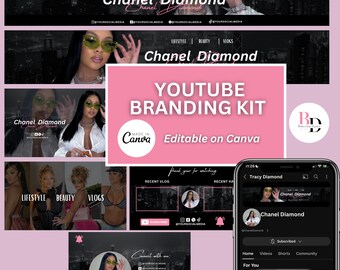 Youtube branding kit, Black and Pink design, City, Editable on Canva, Banners - Intros - Outros