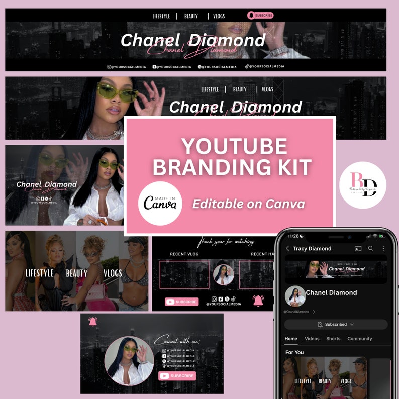 May include: A YouTube branding kit with a pink background and black and white graphics. The kit includes a channel banner, profile picture, end screen, and a call to action. The text on the kit says "Chanel Diamond" and "YouTube Branding Kit".